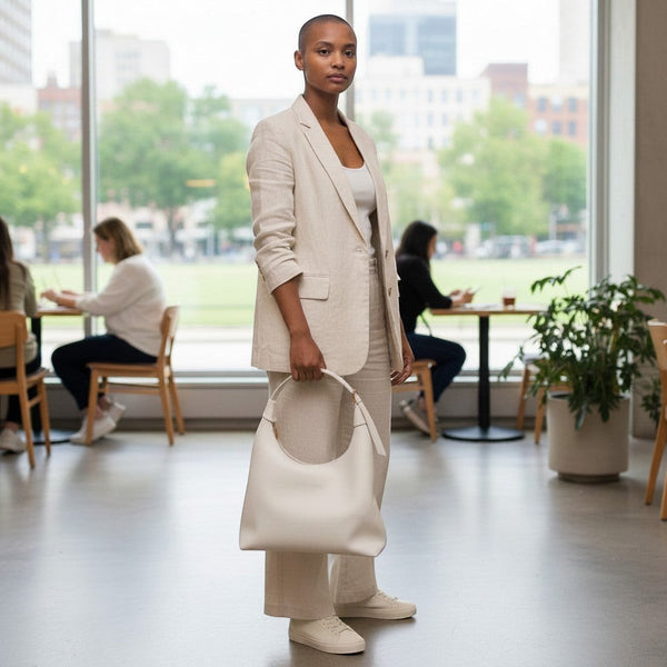Mujer con traje de lino beige sosteniendo un bolso Xava BE XAVAGE blanco de diseño minimalista en una oficina moderna.