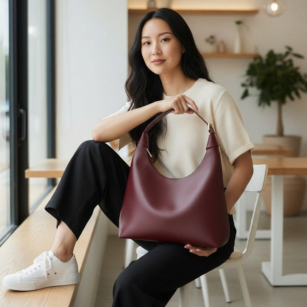 Mujer joven sosteniendo un bolso Xava BE XAVAGE color burdeos de diseño minimalista y elegante en un entorno moderno.